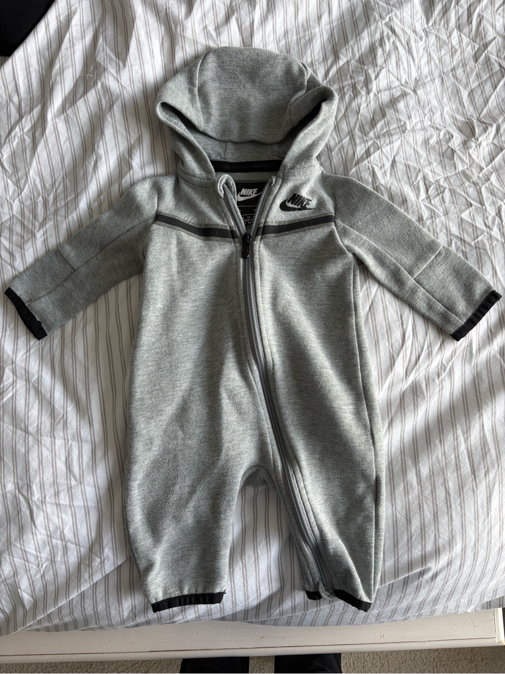 Nike Light Gray Hooded Baby One-Piece with Black Trim